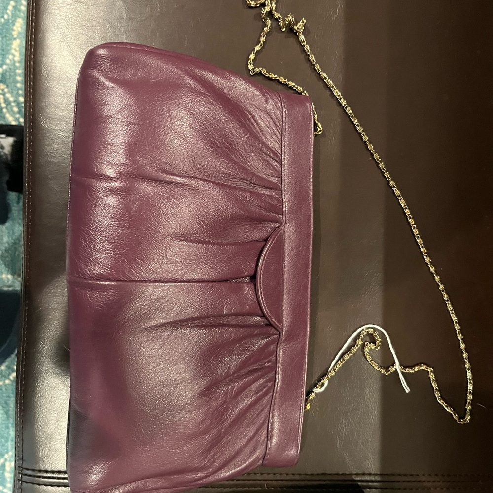 Andes Plum Purple Leather Pleated Clutch Chain Shoulder Bag - Picture 3 of 7